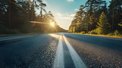 Fototapeta premium A vibrant, sun-kissed road glistens with the promise of adventure, its smooth tar surface beckoning travelers down its winding lane towards the unknown 