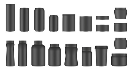 Set of black tin cans and jars. Coffee or tea canister. Tin can for preserves or pet food. Beer, cocktail or soda can. Chips tube. Cookie jar. Round box for sugar or flour