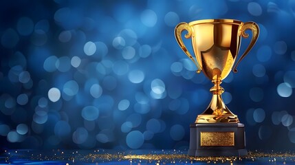 Gold trophy background with serpentine and confetti, copy space, competition concept. Generative AI