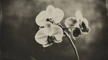 A classic portrayal of two orchid flowers in black and white, offering a sense of old-world charm and timeless beauty