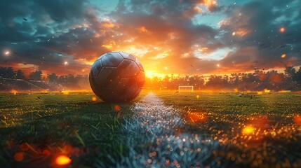 A soccer ball with flames and fire in the background 