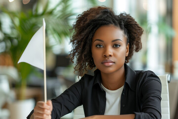 Burnt Out Black Woman Waving White Flag at Work Quiet Quitting