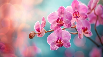 A serene image showcasing pink orchid flowers in full bloom, contrasted against a soothing blue background with bokeh