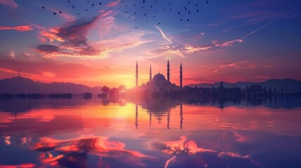 Mosque silhouette reflected in water at sunset with flying birds. Ethereal and serene Islamic landscape