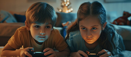 children play video games lying on the floor. Gaming addiction