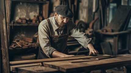 Carpenter working with equipment on wooden table in carpentry shop.