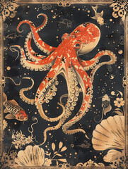 Red vintage victorian octopus illustration