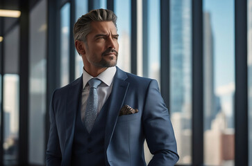 Fototapeta premium Stylish Senior Business Executive in a Modern Suit Looking out the Window of a Skyscraper Office Building