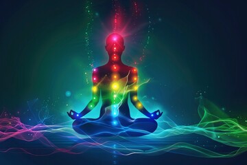 An illustration of the human figure in lotus pose with glowing chakras