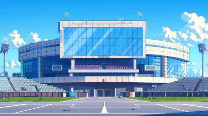 A vibrant illustration of a modern sports stadium, featuring a blue sky with fluffy clouds and detailed architecture
