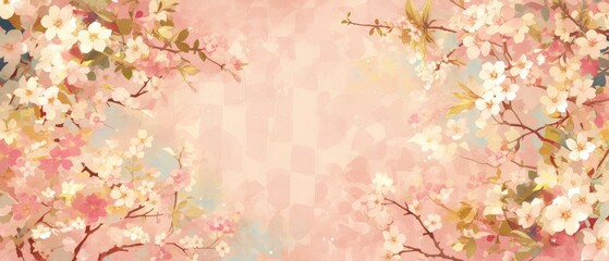 Japanese pattern with pink, yellow and green clouds in the background, a pink checkered pattern, white flowers, yellow cherry blossoms, a seamless pattern, vintage style watercolor