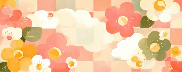 Japanese pattern with pink, yellow and green clouds in the background, a pink checkered pattern, white flowers, yellow cherry blossoms, a seamless pattern, vintage style watercolor