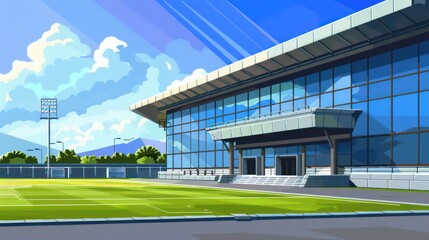 Obraz premium A striking representation of a sports stadium with angular shadows and a vivid sky