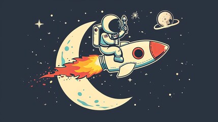 Astronaut riding rocket in space with planets and stars. Colorful cartoon illustration