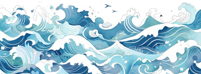 Obraz premium watercolor background with light blue water waves and traditional Japanese patterns, simple, minimalistic, white background