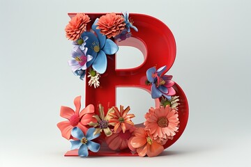 3D Render Red Letter B with Engraved Flowers on Abstract Background