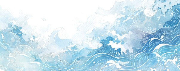 watercolor background with light blue water waves and traditional Japanese patterns, simple, minimalistic, white background