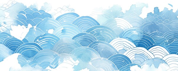 watercolor background with light blue water waves and traditional Japanese patterns, simple, minimalistic, white background