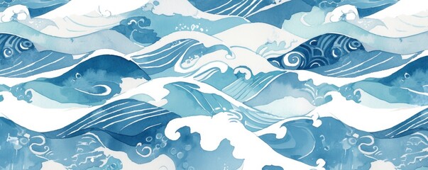 watercolor background with light blue water waves and traditional Japanese patterns, simple, minimalistic, white background