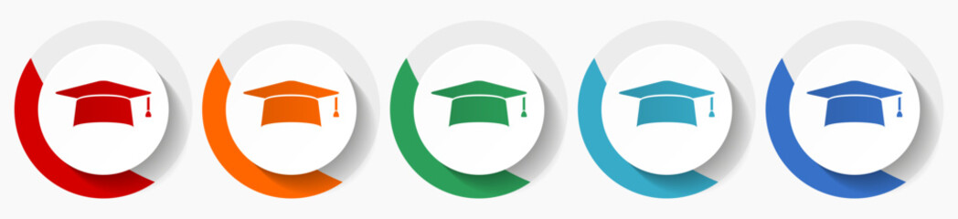 Graduation cap, education vector icon set, flat icons for logo design, webdesign and mobile applications, colorful round buttons