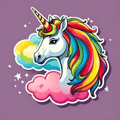 Bright rainbow unicorn in the clouds. Sticker, line art