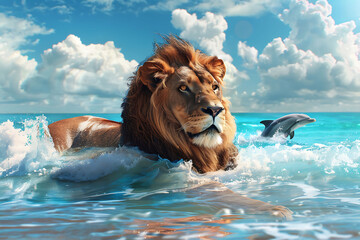 lion in water