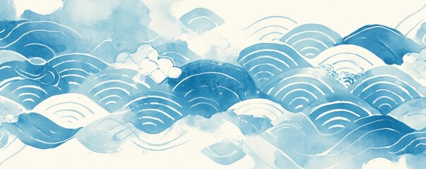 watercolor background with light blue water waves and traditional Japanese patterns, simple, minimalistic, white background