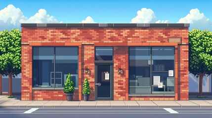 Pixel art representation of a cozy and inviting brick storefront with potted plants and blue sky