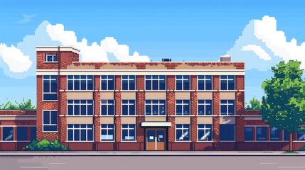 A charming pixel art illustration of a traditional school building with a clear blue sky and fluffy clouds in the background, capturing a sense of nostalgia