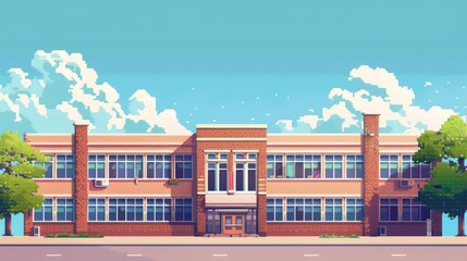 Retro-inspired pixel art featuring a school building, against a serene blue sky with cloud details, conveying a calm academic environment