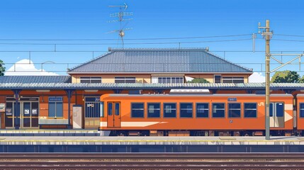 A pixel art image showcasing an orange train at a platform in a quaint rural train station