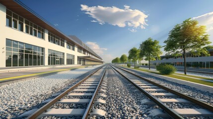 Naklejka premium A contemporary image of train tracks extending into the horizon with a modern building