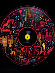 Vinyl Record Grooves Form City Scene