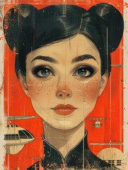 retro futuristic geisha portrait illustration
