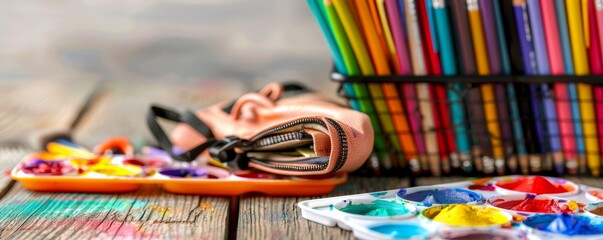 Artistic workspace setup with colorful paints and pencils on a rustic wooden table.