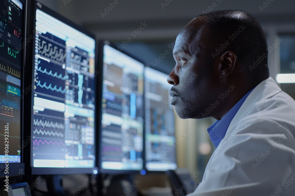 Aufkleber a man in a white lab coat is looking at a computer monitor with several screens