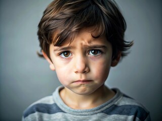 The cute little boy is sad and worried. Catalogue of emotions. Intense melancholy, dissatisfaction and anxiety.
