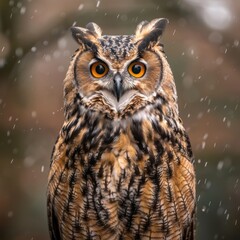 Obraz premium A powerful Great Horned Owl braves a snowy backdrop, offering a close-up view of its striking features and wintry resilience