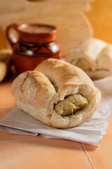 mole tamale cake and green sauce, tamales from Puebla, CDMX accompanied by Oaxacan chocolate in Mexican cuisine