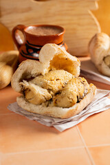 mole tamale cake and green sauce, tamales from Puebla, CDMX accompanied by Oaxacan chocolate in Mexican cuisine