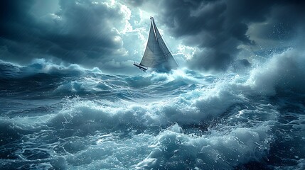 A sailboat navigating through choppy waters under a stormy sky.