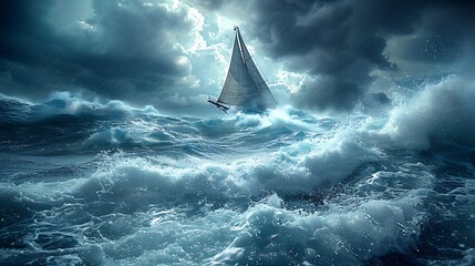 A sailboat navigating through choppy waters under a stormy sky.