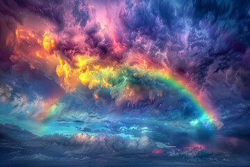 A rainbow is visible in the sky above a stormy, cloudy sky