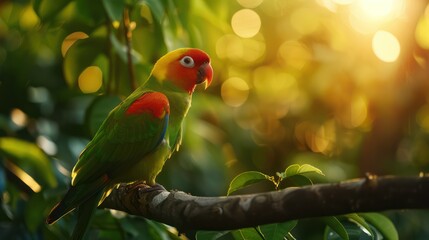 A stunning image capturing the vivid colors and serene expression of a parrot bathed in golden sunlight amidst lush green foliage