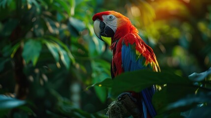 A stately red and blue macaw is perched elegantly among a lush green backdrop, conveying a sense of nobility and pride