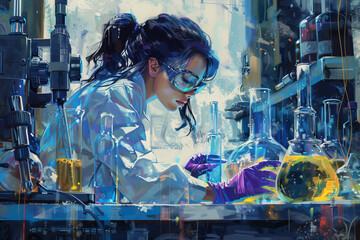 A woman in a lab coat is working with various chemicals