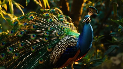 A majestic peacock spreads its colorful tail feathers amidst lush greenery, showcasing nature's beauty and elegance