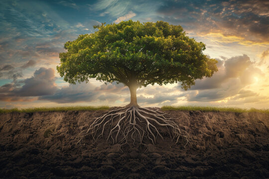 A tree with its roots exposed in the dirt