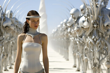 A woman in avant-garde attire stands before a lineup of metallic sculptures