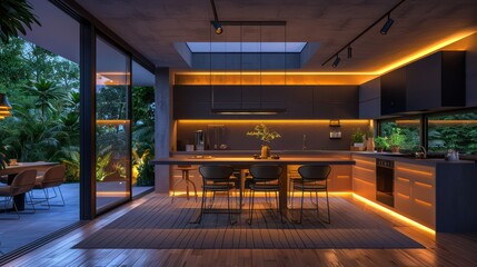 Stylish kitchen design featuring bold under-cabinet lighting and a sleek island in a modern home...